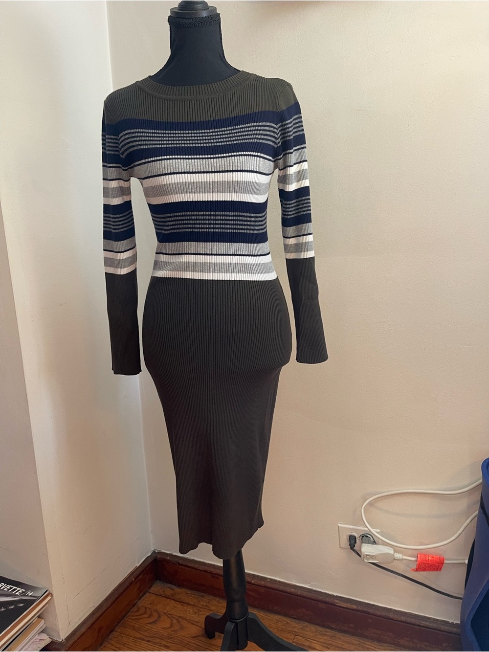 Fashion Nova Women’s Striped Sweater Dress - Olive and Navy